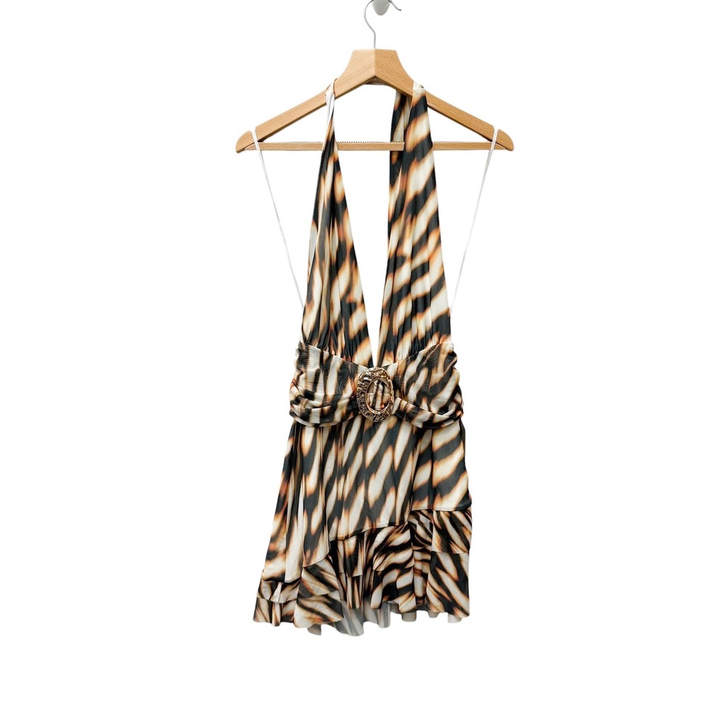 Runaway The Label Kiata Mini Dress Arizona Choc Tiger Print Halter Small NWT - Picture 5 of 10